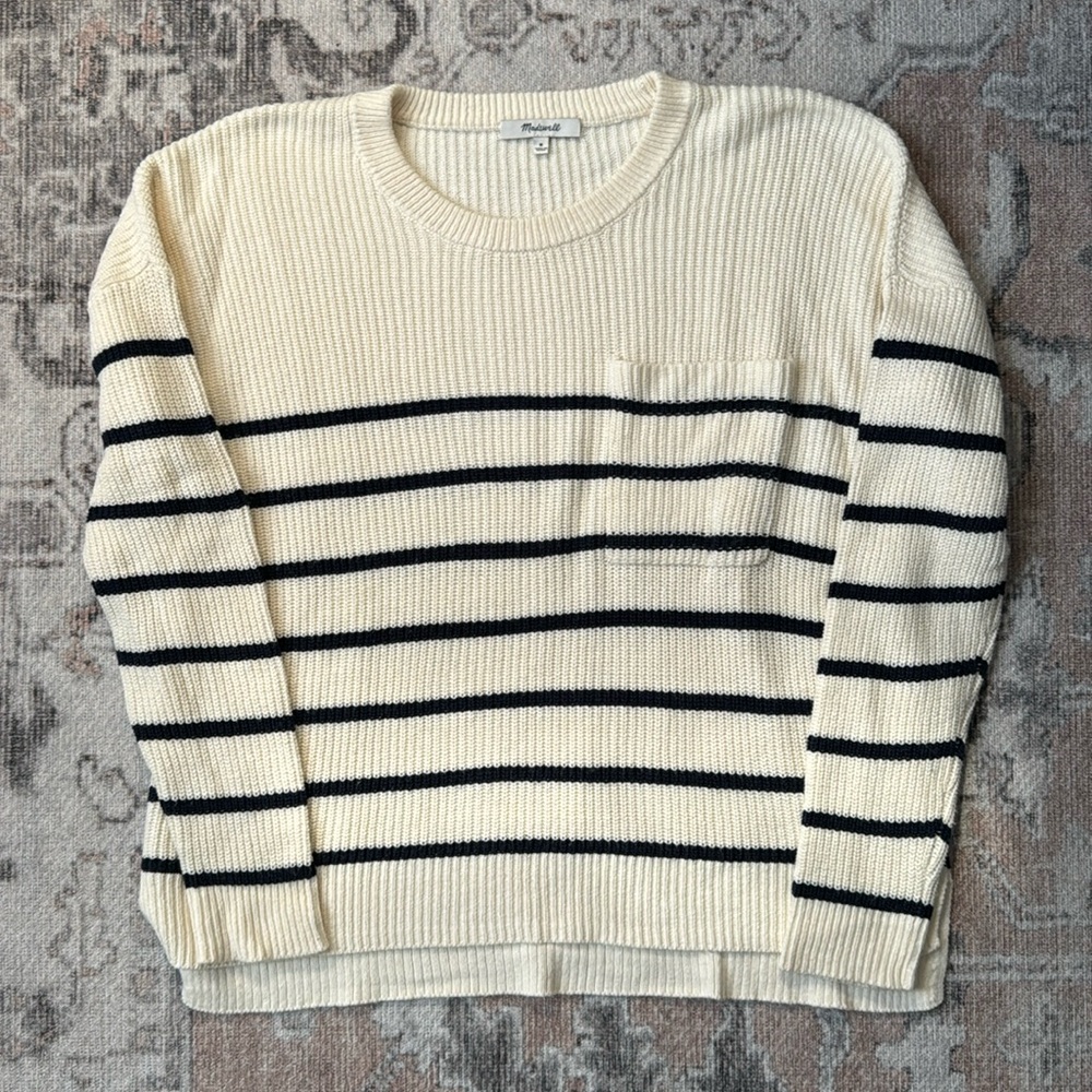 Madewell Thompson Nautical Stripe Pocket Pullover Sweater Navy & Cream Size M